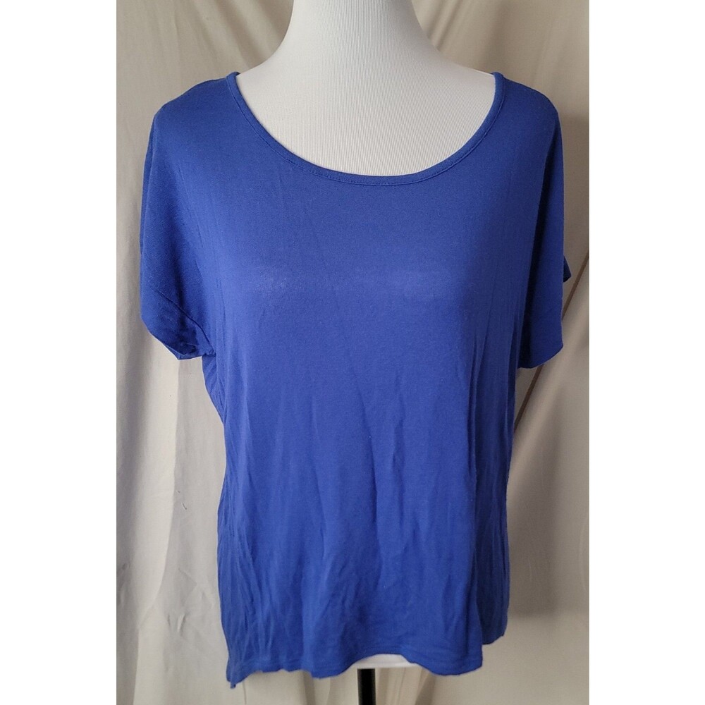 Tea N Rose Blue Sheer Back Top Womens Large Scoop Neck Short Sleeve Flowy Blouse